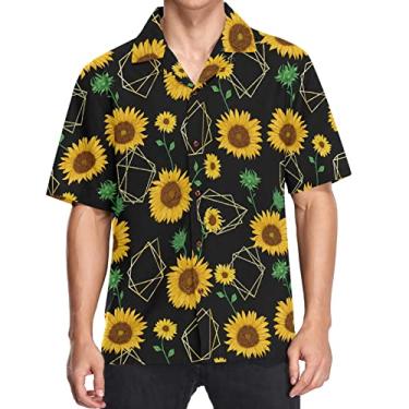 Imagem de visesunny Camisa masculina casual de manga curta havaiana com estampa geométrica de girassol clássica Aloha, Multicolorido, G