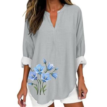 Imagem de Camiseta de linho para mulheres, estampa floral, manga comprida, gola V, camiseta grande, roupas casuais elegantes, Cinza, 4G