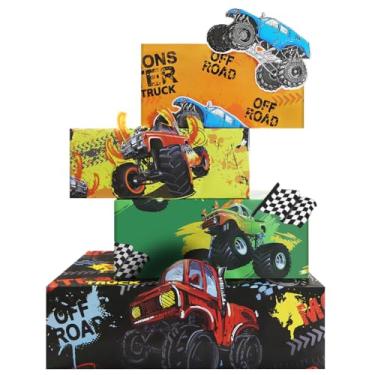 Imagem de Papel de embrulho Monster Truck para meninos, crianças, meninas, veículos off-road, carro de corrida, embrulho, 8 folhas dobradas, planas, 51 x 71 cm para aniversário, chá de bebê, férias
