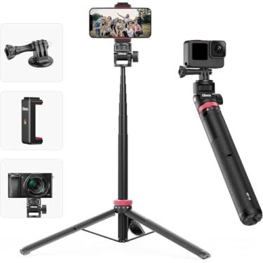 Imagem de Tripé extensível de telefone com bastão de selfie de 146 cm para câmera de ação com haste de extensão de grampo de smartphone, para GoPro para câmeras de vlogging Sony, Canon, para iPhone 14 13 Pro