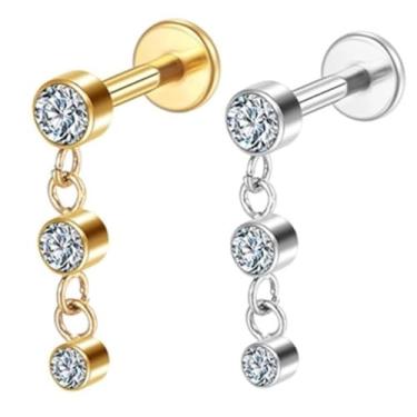 Imagem de Piercing Helix Conch Labret Titânio PVD Ponto de Luz com Pingente 3 Zircônias 1.2x8 (Dourado)