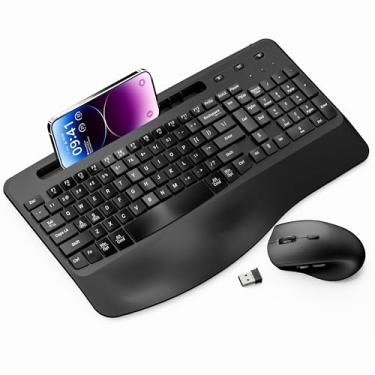 Imagem de Conjunto ergonômico de teclado e mouse sem fio, Moojay 2,4 G, recarregável, teclado silencioso de ondas silenciosas, com descanso de pulso e suporte de telefone para computador, laptop, PC, Mac,