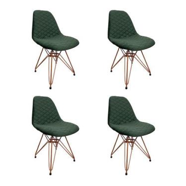 Imagem de Kit 4 Cadeiras Jantar Estofadas Verde Eiffel Eames Base Cobre - Up Hom