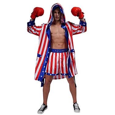 Imagem de Fantasia de boxe masculina para adultos, boxer, campeão, muay thai, shorts de artes marciais, cosplay, festa de Halloween, capa com capuz, Bandeira, Tamanho Único