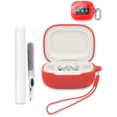Imagem de Capa para fones de ouvido JBL Live Beam 3/Buds 3/Flex 3, protetor de silicone macio, portátil, resistente a arranhões, compatível com capa com kit de limpeza, mosquetão e cordão, vermelho