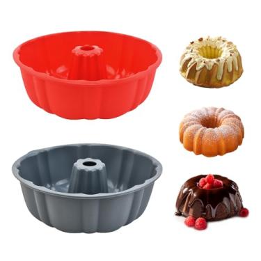 Imagem de PADELE Pacote com 2 formas antiaderentes de silicone para bolo, 25 cm, formas de silicone para bolo, forma de bolo, gelatina, bolo, brownie e pão (vermelho + cinza)