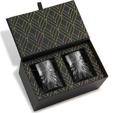Imagem de Copos de uísque de cristal - Conjunto de 2 copos de vidro Soleil (325 ml) para Whisky, Scotch e Bourbon - Copos de pedras para coquetéis e bebidas à moda antiga - Caixa de presente elegante de folha