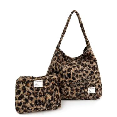 Imagem de CATCHY & CRAFTY Bolsa feminina – bolsa de ginástica Hobo grande de pelúcia para treino, ioga, viagem – lã fofa, Leopardo