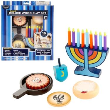 Imagem de Rite Lite My Mini Wood Menorah Conjunto Deluxe com Velas de Madeira Removíveis com Rosquinha de Gelatina, Dreidel, Pan, Latke, Gelt Coin Decor Hanukkah Presentes Decorações Centro de Mesa Judaica