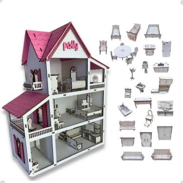 Imagem de Casinha de Boneca Infantil 57X45cm Madeira MDF - 30 Mini Moveis - Cor 
