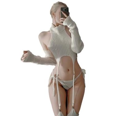Imagem de paloli Women's White Knit Sweater Lingerie Set Halter Crop Top with Garter Design, Sexy Cosplay Outfit