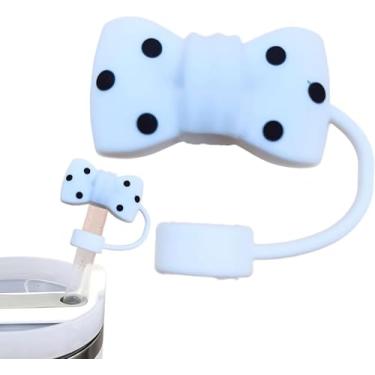 Imagem de Lindo enfeite de canudo com laço para 10 mm, tampa de palha, cobertura de palha à prova de respingos, decoração de tampa de canudo reutilizável, capas de ponta de canudo para Stanley (branco)