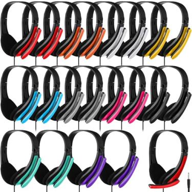 Imagem de Yunsailing Pacote com 20 fones de ouvido em massa para sala de aula com microfone, estudantes, crianças, conjunto de aulas escolares, biblioteca, computador, escritório, adultos, plugue universal de