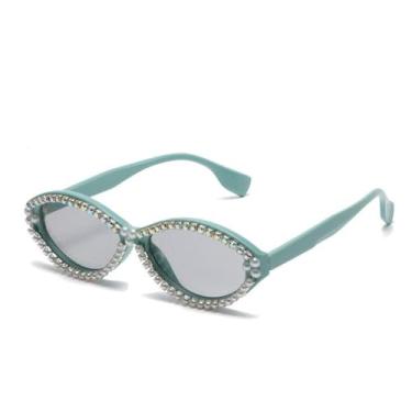 Imagem de Moda Feminina Olho de Gato Feito à Mão Pérola Menina Óculos de Sol Simples Menina Diamante Street Shooting Óculos de Sol Brilhantes, Verde