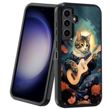 Imagem de BXIKEOPIU Capa projetada para Samsung Galaxy S24 FE, 3 camadas resistentes à prova de choque à prova de poeira/queda, capa protetora robusta para Samsung Galaxy S24 FE 5G (2024), gato tocando guitarra