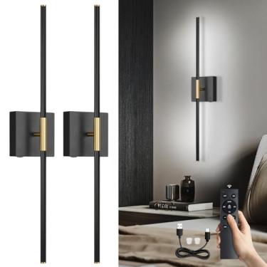 Imagem de Conjunto de 2 arandelas de parede operadas por bateria, arandela de parede com controle remoto, rotação de 350°, arandelas LED recarregáveis, luz de parede sem fio 3000K-6000K para quarto, sala de