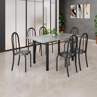 Imagem de Conjunto de Mesa Tubular 140cm X 75cm Tampo em Granito Topázio com 6 Cadeiras Iris B Preto