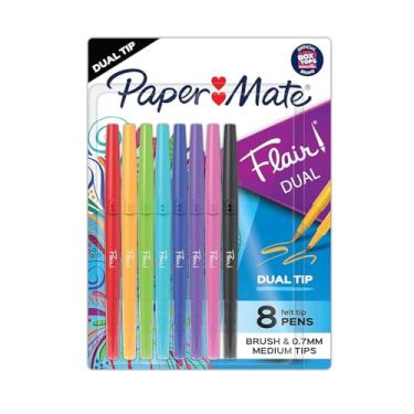 Imagem de Paper Mate Flair Dual Felt-Tip Pens, Pack Of 8 Pens, Brush And Medium Tips, Assorted Barrel Colors, Assorted Ink Colors