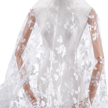 Imagem de MAYJOYDIY 2 jardas de tecido de renda de malha de folhas brancas 68 polegadas/175 cm tecidos bordados de renda floral acessórios de casamento tule para vestidos de casamento DIY meia saia vestido