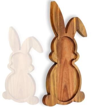 Imagem de Bandejas de madeira para servir coelhinho da fazenda (conjunto de 1), pratos de charcutaria de madeira em forma de coelho para decoração rústica de Páscoa ou primavera (tamanho grande)