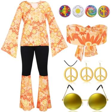Imagem de Jiuguva 17 peças de roupas femininas hippie dos anos 60 e 70 para discoteca, vestido boêmio, calça rodada, camisa hippie, faixa de cabeça, Multicor, GG