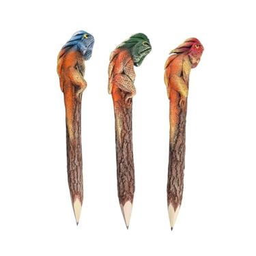 Imagem de 3 cores de lápis de madeira iguana modelo serragem escultura camaleão animal réptil realista absolutamente para coleção de materiais de escritório em casa