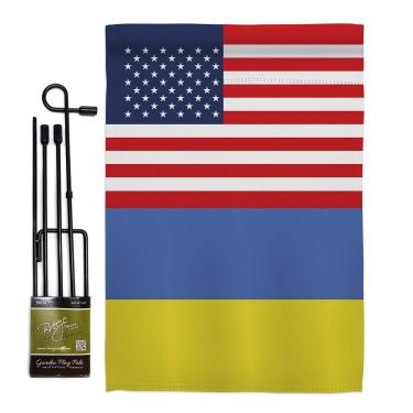 Imagem de Americana Home & Garden Conjunto de bandeira da amizade dos EUA da Ucrânia com suporte nação regional internacional país mundo área particular banner para casa pequeno para jarda presente de dois lados, feito nos EUA