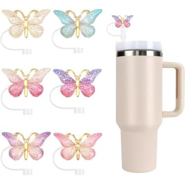 Imagem de Stanley Tampa de palha, 6 peças de topo de glitter para copo Stanley, acessórios reutilizáveis à prova de poeira compatíveis com canudo de 10 mm, presentes engraçados para mulheres (borboleta