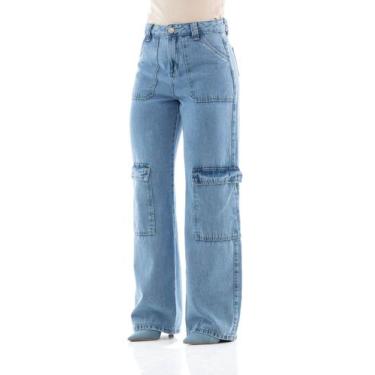 Imagem de Calça Jeans Feminina Arauto Wide Leg Cargo - ARAUTO JEANS, Azul médio,