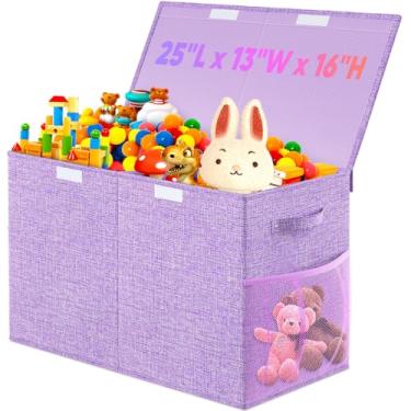 Imagem de Caixa de brinquedos grande, caixas organizadoras dobráveis com tampas, caixas de brinquedo resistentes para crianças, meninos, meninas, berçário, sala de jogos, sala de estar, quarto, 63,5 x 33 x 40,6