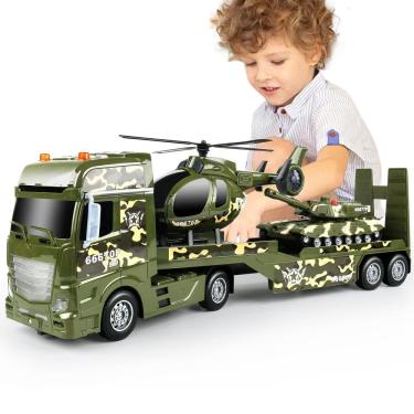 Imagem de Caminhão de brinquedo Dwi Dowellin Green Military com helicópteros e tanque