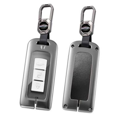 Imagem de HIBEYO Capa Smart Key Fob compatível com Mitsubishi Outlander Sport Eclipse Cross ASX Mirage RVR Lancer Fortis Ex Acessórios Capa de chave de couro de liga com chaveiros - Chaveiro curto preto