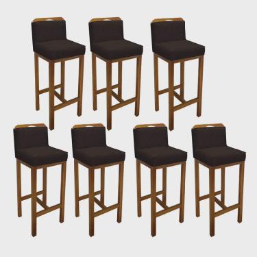 Imagem de Kit 07 Banqueta Alta Com Encosto Simon Cozinha Balcão Bistrô Base Madeira Castanho Tecido Sintético Marrom - Ahz Móveis