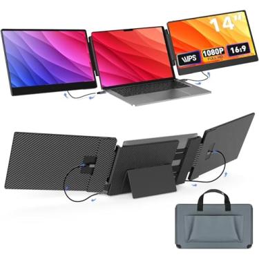 Imagem de UK BONITOYS Monitor Portátil, Extensor de Tela de Laptop Fhd 1080P de 14", Ligar e Usar, Alto-Falante e Suporte Integrados, Monitor Triplo Portátil para Laptop de 13" A 17,3", Compatível com Mac, Wins