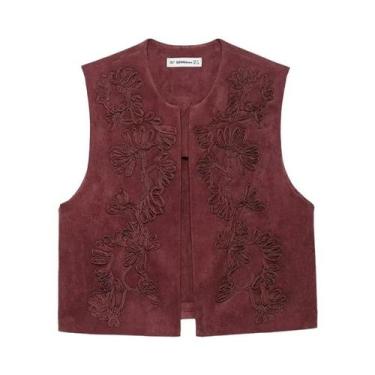 Imagem de Regata Feminina Bordada Sem Mangas Com Textura De Camurça Falsa Casual