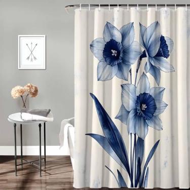 Imagem de Clblhlolkuy Conjuntos de cortina de chuveiro à prova d'água, aquarela flores azuis, ombré, buquê de primavera, tecido de hotel, lavável, cortina de banho com ganchos, decoração de banheiro para