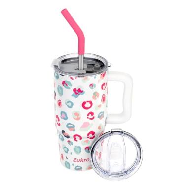 Imagem de Zukro Copo de 680 g com alça e canudo, caneca de café isolada à prova de vazamento com 2 tampas, mantém as bebidas quentes ou frias, copo de aço inoxidável sem suor para casa/escritório/carro, pode