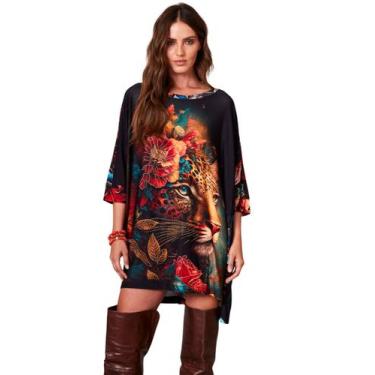 Imagem de Bata Ampla Alongada Estampa De Onça Com Pedrinhas Yacamim B28, P, Esta