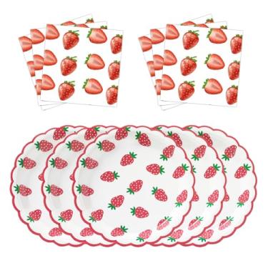 Imagem de Conjunto de 80 peças de utensílios de mesa para festa de morango – pratos de papel descartáveis e guardanapos de 22 cm para chá de bebê, decoração de festa infantil de 1º aniversário