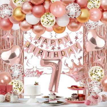 Imagem de NANINUNENO Decorações Para Festa De Aniversário 7 Anos Em Ouro Rosé Meninas, Faixa Alegre, Cortinas Com Franjas, Balões Metalizados Formato Coração, Coroa Meninas