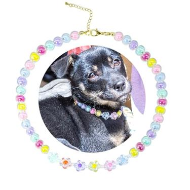 Imagem de SM4BED Colar de pérolas com coleira de cachorro, contas coloridas e flor adorável, joia ajustável para animais de estimação para cães grandes, GG 43 cm