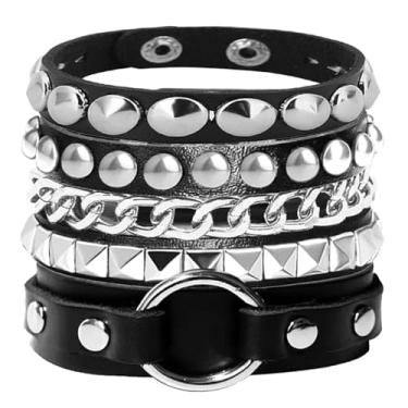 Imagem de 3 peças de pulseiras de couro macio com coração/pirâmide/corrente, punhos de pulso punk emo acessórios de joias, presente gótico para mulheres vintage, Fits wrist line: 7-8 inches, Couro sintético