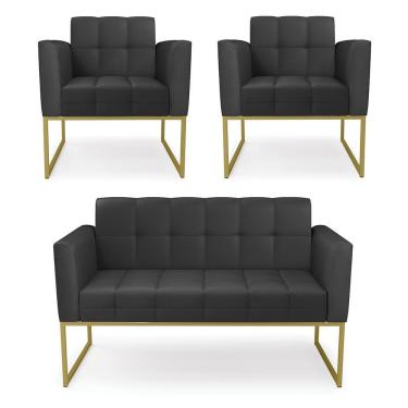 Imagem de Kit 1 Sofá Namoradeira E 2 Poltronas Elisa Corino Preto Base Metálica Industrial Dourado - D'rossi