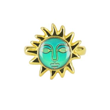 Imagem de FUN JEWELS Anel de humor com declaração de sol celestial com mudança de cor, banhado a ouro, tamanho ajustável, presentes para mulheres