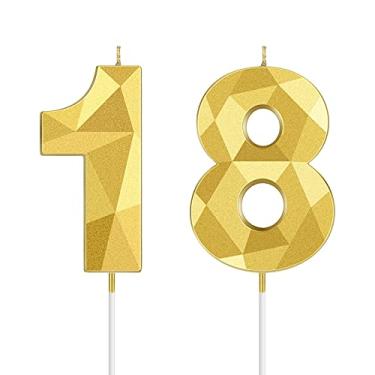 Imagem de Velas de aniversário de 18 anos, formato de diamante 3D número 18 velas velas de feliz aniversário bolo numerais velas para festa de aniversário, decoração de casamento, reuniões temáticas festa comemorativa, 5 polegadas (ouro)