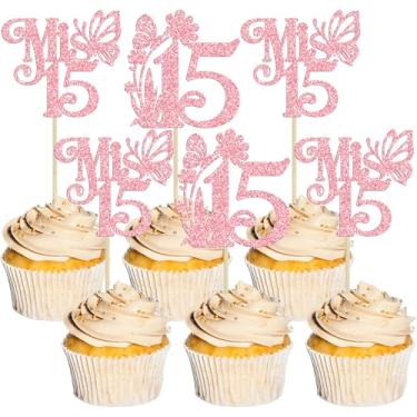 Imagem de Ephlyn 24Pcs Mis 15 Cupcake Toppers Glitter Mis Quince 15 Feliz 15 Años Cupcake Picks Hello 15 Fabulous Cupcake Decorations for Cheers to 15 Happy 15th Birthday Party Cake Decorations Pink
