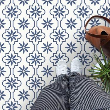 Imagem de MORCART 20 peças de azulejo de vinil de 20 x 20 cm, impermeável, piso faça você mesmo para banheiro, cozinha, lareira, casa de animais de estimação, escadas, quartos, parede azul branco FT1685-20