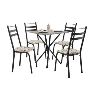 Imagem de Conjunto de Mesa Quadrada com Tampo Granito e 4 Cadeiras Léia II Revestimento Sintético Preto e Cedro