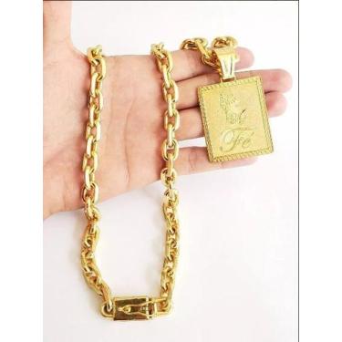 Imagem de Cordão 12mm Cadeado Banhado A Ouro 18k Com Pingente Fé Masculino - Eli