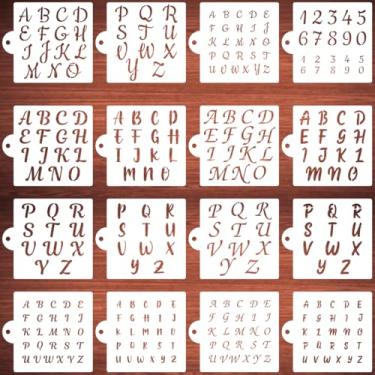 Imagem de Estêncis de letras do alfabeto para decoração de biscoitos – pacote com 16 modelos de estêncil para bolos, café, estênceis cursivos reutilizáveis para pintura de artesanato em madeira e aerografia de